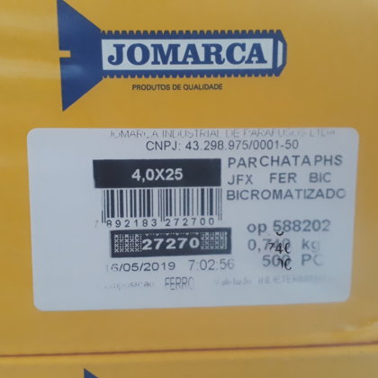 PARAFUSO CHIPBOARD JFX CH PHS 4,0X25MM BI CAIXA COM 500 PARAFUSOS JOMARCA