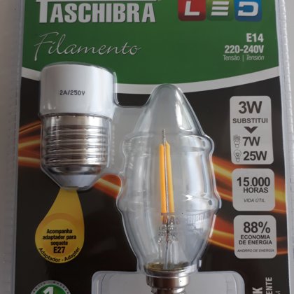 LAMP LED FILAMENTO VELA C35 220V 2700K E-14 COM ADAPT. E27 TASCHIBRA